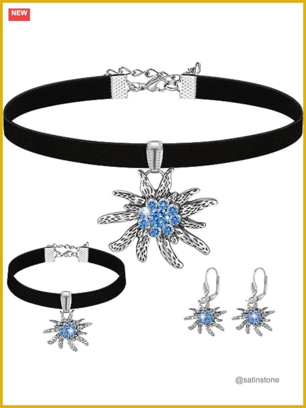 Oktoberfest Jewelry Set Edelweiss Choker Bracelet Earrings Velvet Ribbon
